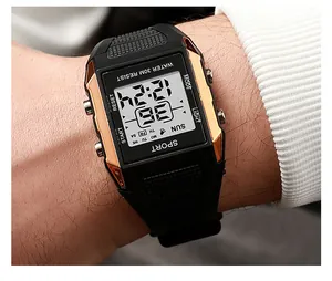 Detailed close-up of a square waterproof digital sports watch with stylish rose gold accents