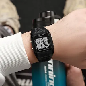 Black waterproof digital sports watch with LED luminous display for men and teenagers