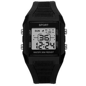 Minimalist black youth digital sports watch with waterproof LED display and silicone strap