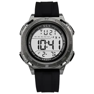 Detailed front view of a silver-tone multi-functional digital sports watch with black strap