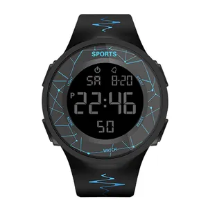 Detailed macro view of a black digital sports watch with blue luminous display for students