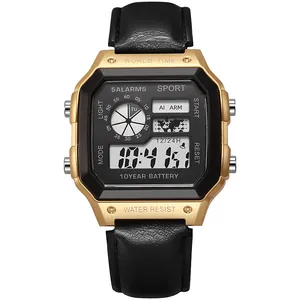 Reloj digital cuadrado dorado con correa de cuero negro para deportes y estudiantes