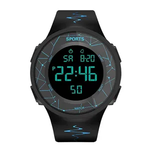 Front view of a black digital sports watch with blue line patterns for students and teens