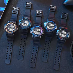 Set of five multifunctional digital sports watches with colorful accents for active wear.