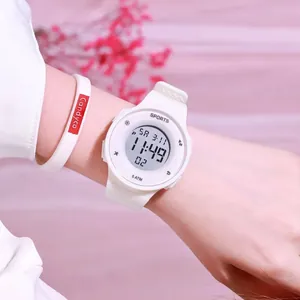 Close-up of a white minimalist digital sports watch with 5 ATM water resistance.