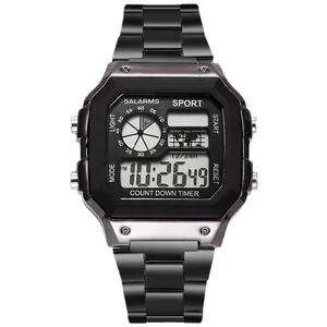 Men's fashionable square digital LED watch with black stainless steel strap