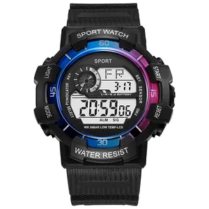 Multi-functional colorful digital sports watch for men featuring waterproof luminous display