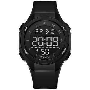 Sleek black outdoor sports digital watch featuring a large waterproof dial and luminous display