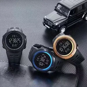 Multifunction men's digital sports watch trio with LED backlight and large display screen.