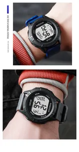 Detail view of multifunctional digital sports watch for teenagers in blue and grey.