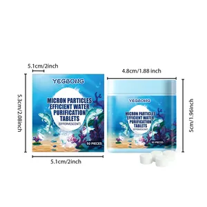 YEGBONG Aquarium Wasserreinigungstabletten mit Produktverpackung und Größenabmessungen