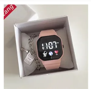 Pink digital watch and silver chain bracelet gift set in white box