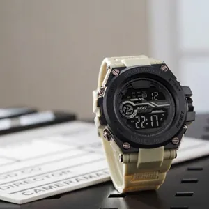 Fashionable waterproof digital sports watch with beige strap and black bezel