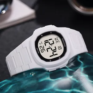 Detailed macro view of a white waterproof digital sports watch featuring a square dial