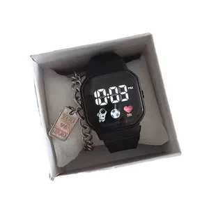 Minimalist black digital electronic watch for students with tech style and silver chain bracelet