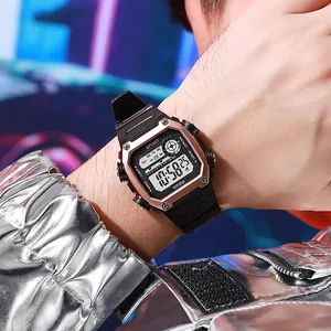 Retro square digital sports watch for men with waterproof design and backlit display