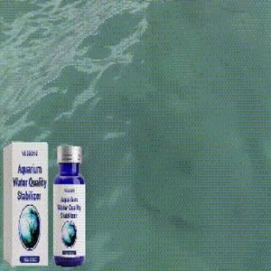 Detail of aquarium water quality stabilizer bottle and box for clean fish tanks
