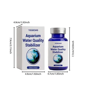 Detailed dimensions of 100g aquarium water quality stabilizer in box and blue bottle
