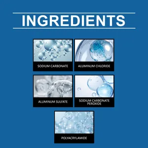 Detaillierte Liste der Inhaltsstoffe des Wasserklärungspulvers wie Natriumcarbonat und Polyacrylamid.