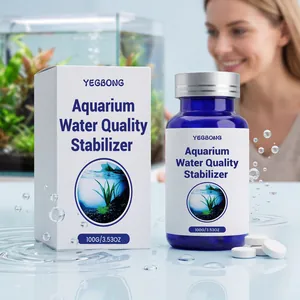 Macro view of YEGBONG aquarium water quality stabilizer tablets with blue packaging bottle