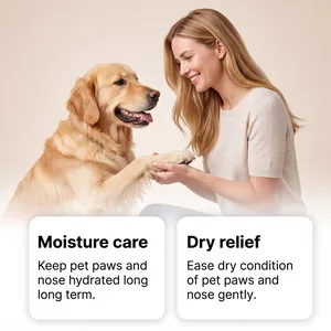 Pet paw and nose care balm detail showing a dog and owner in a moisturizing scenario