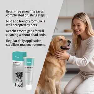 EelJoy pet oral care gel for dogs and cats shown in use with golden retriever and owner