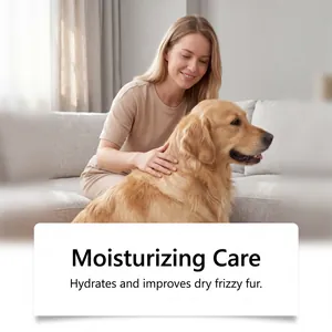 Moisturizing waterless pet shampoo for dog fur care shown with golden retriever