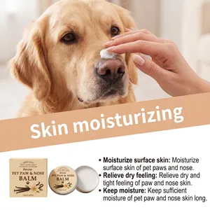 Close-up of vanilla-scented pet paw and nose balm applied to a dog's dry nose.