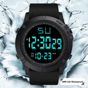 Detailed macro view of black sports digital watch featuring 30M waterproof rating