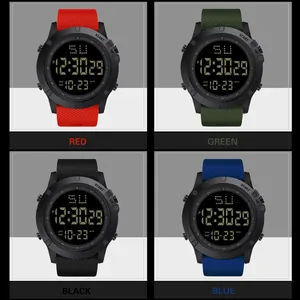 Detailed showcase of men's sport digital watch variants in red, green, black, and blue colors