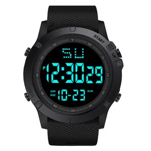 Close-up front view of a black sports digital watch with bright cyan LED display screen