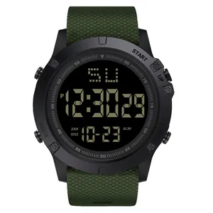 Detailed view of a men's digital sports watch with a green textured strap