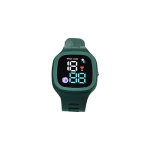 Green square LED digital sports watch with cartoon motifs and soft silicone strap