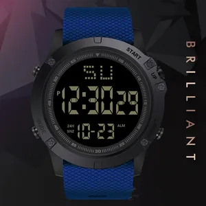 Premium men's sports digital watch with large black dial and blue textured silicone strap