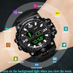 Montre Digitale de Sport de Plein Air pour Hommes Femmes Double Affichage Multifonctionnelle Style Militaire Plastique PVC Montre Électronique