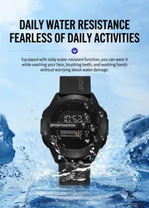 Close-up view of waterproof digital sports watch with dynamic water splash effect.