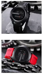 Detailed view of black and red digital sports watches presented on a rugged stone surface