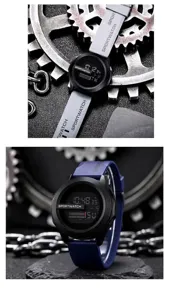 Detailed view of luminous digital sports watches with grey and blue silicone straps