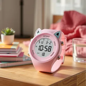 Montre Digitale Enfants Forme Oreille de Chat Étanche Sport Électronique Pour Étudiants Enfants Mignon Fonctionnel Avec Rétroéclairage Alarme Calendrier