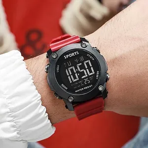 Outdoor sports digital watch with red silicone strap and waterproof multi-functional display