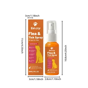 Dimensions de l'EelJoy Spray anti-puces et tiques pour chiens avec flacon de 30 ml et boîte