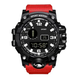 Montre de sport d'extérieur rouge et noire robuste avec double affichage digital