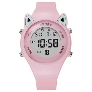 Adorable montre numérique rose en forme d'oreille de chat pour enfants avec bracelet
