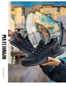 Detailed view of black breathable mesh safety work shoe featuring durable EVA sole