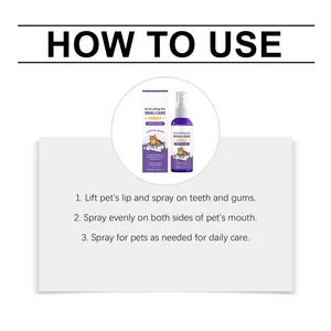 Instruction steps for pet oral care spray, freshening breath and cleaning teeth for cats and dogs.
