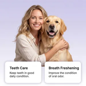 Lifestyle detail of a happy woman with her dog showcasing pet oral care and fresh breath