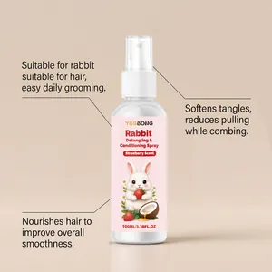 Detalle del spray desenredante YEGBONG para conejos con aroma a fresa y efecto nutritivo.