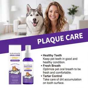 Detailed view of pet oral care spray with plaque care benefits for dogs and cats.