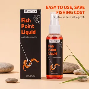Close-up of MoonSpry fish attractant spray 60ml with red worm scent liquid and packaging