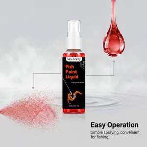 Macro view of red liquid fish attractant spray bottle showing its easy application